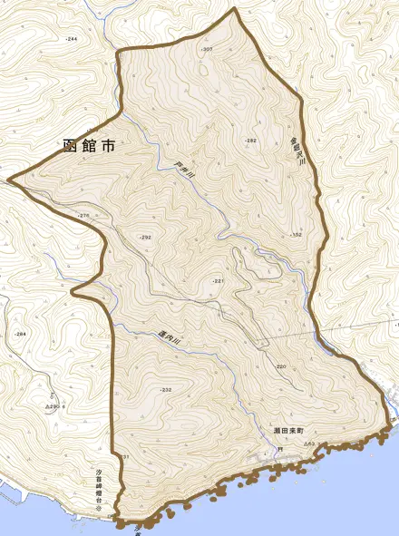瀬田来町とその周辺の地図。町の範囲を重ねている
