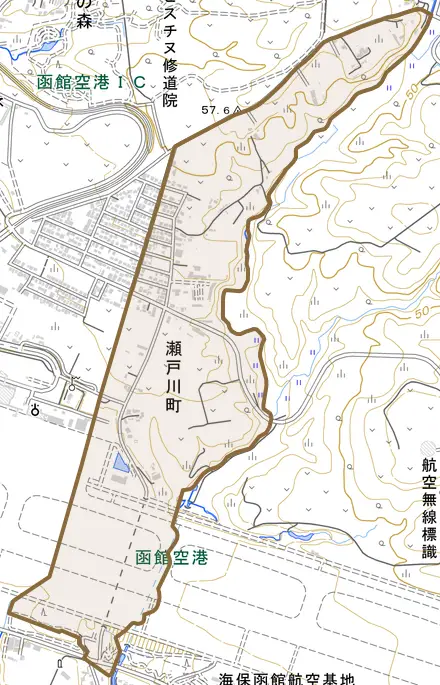 瀬戸川町とその周辺の地図。町の範囲を重ねている