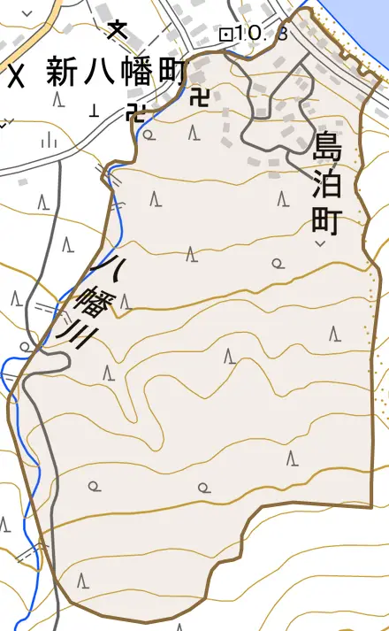 島泊町とその周辺の地図。町の範囲を重ねている