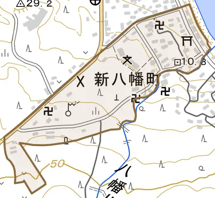新八幡町とその周辺の地図。町の範囲を重ねている