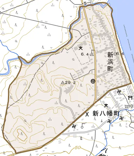 新浜町とその周辺の地図。町の範囲を重ねている