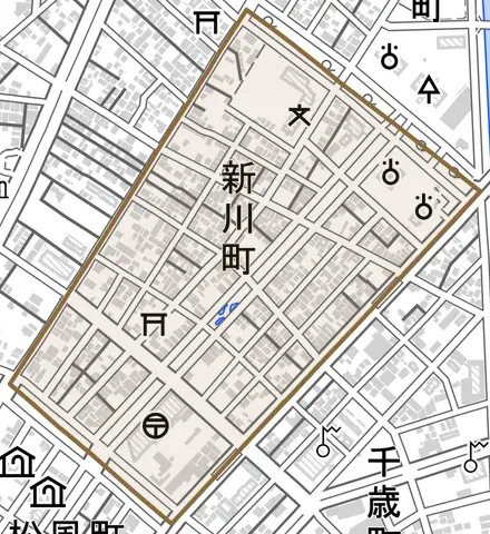 新川町とその周辺の地図。町の範囲を重ねている