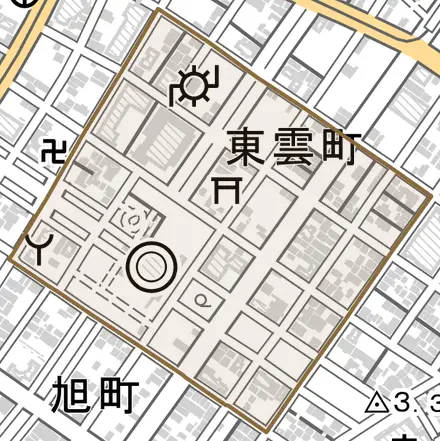 東雲町とその周辺の地図。町の範囲を重ねている