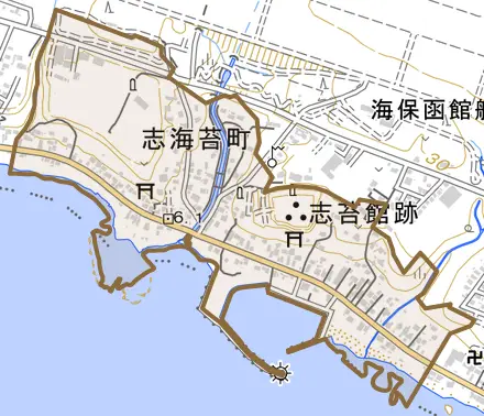 志海苔町とその周辺の地図。町の範囲を重ねている