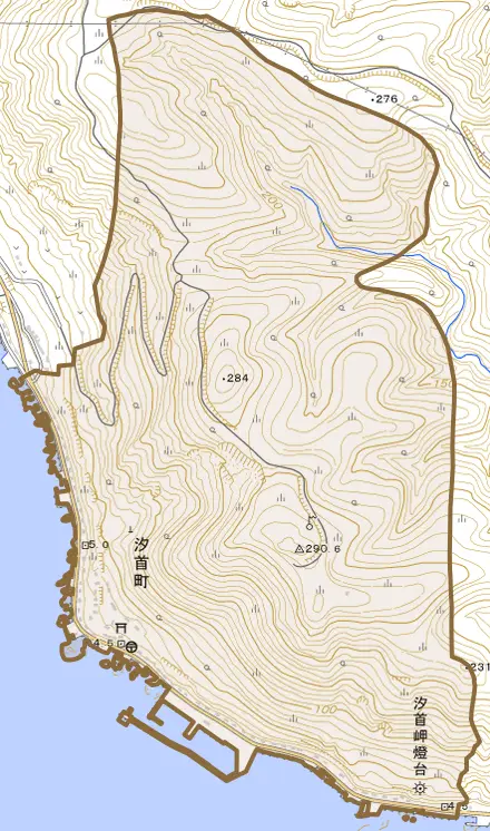 汐首町とその周辺の地図。町の範囲を重ねている