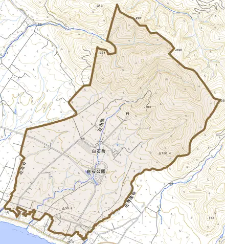 白石町とその周辺の地図。町の範囲を重ねている