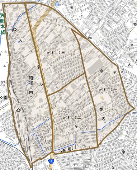 昭和とその周辺の地図。町の範囲を重ねている