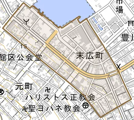 末広町とその周辺の地図。町の範囲を重ねている
