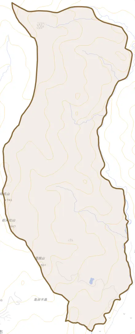 寅沢町とその周辺の地図。町の範囲を重ねている