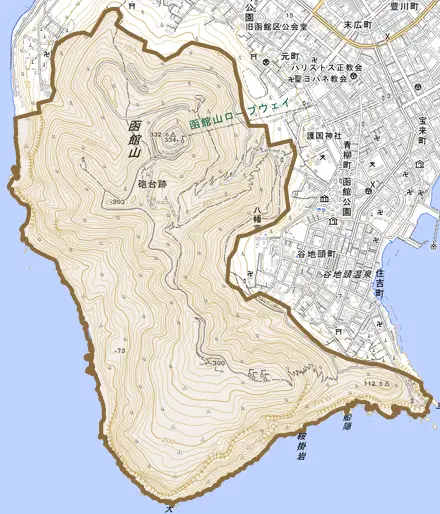 函館山とその周辺の地図。町の範囲を重ねている
