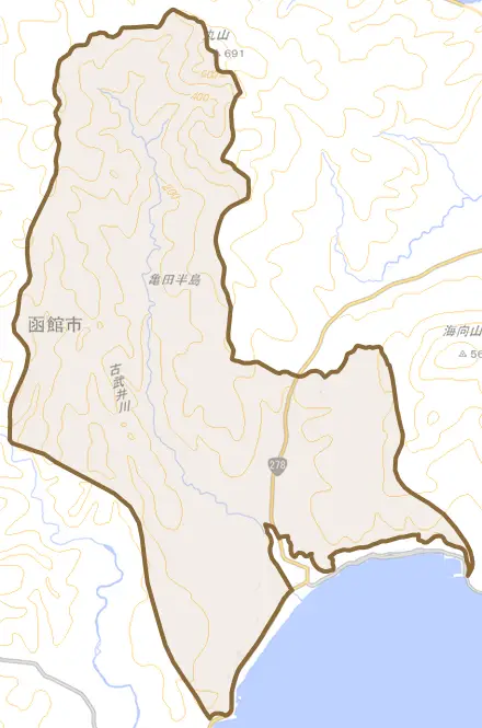 高岱町とその周辺の地図。町の範囲を重ねている
