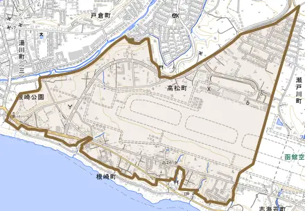 高松町とその周辺の地図。町の範囲を重ねている