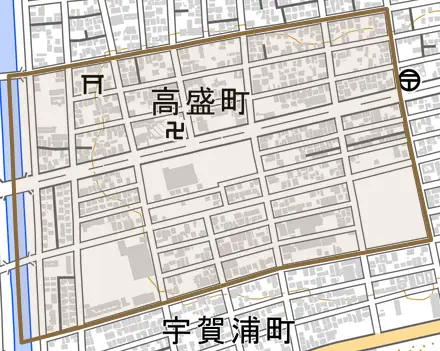 高盛町とその周辺の地図。町の範囲を重ねている