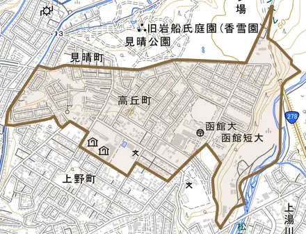高丘町とその周辺の地図。町の範囲を重ねている