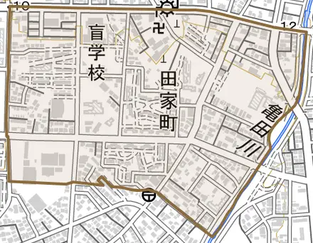 田家町とその周辺の地図。町の範囲を重ねている