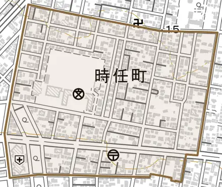 時任町とその周辺の地図。町の範囲を重ねている