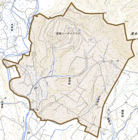 豊原町とその周辺の地図。町の範囲を重ねている