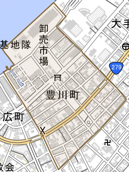 豊川町とその周辺の地図。町の範囲を重ねている