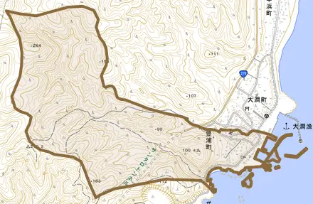 豊浦町とその周辺の地図。町の範囲を重ねている
