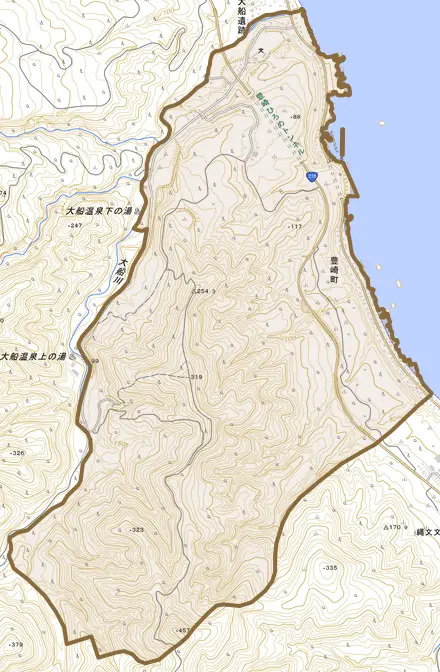 豊崎町とその周辺の地図。町の範囲を重ねている