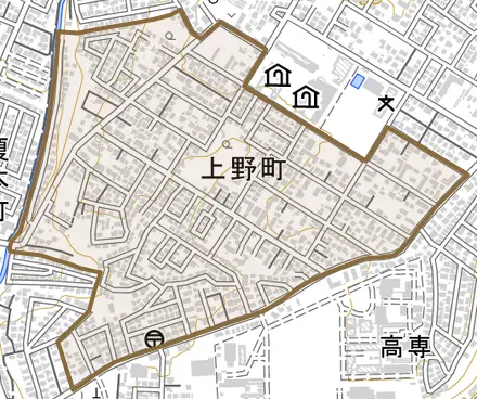 上野町とその周辺の地図。町の範囲を重ねている