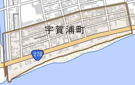 宇賀浦町とその周辺の地図。町の範囲を重ねている