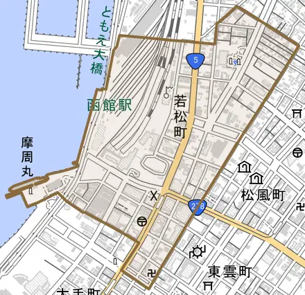 若松町とその周辺の地図。町の範囲を重ねている