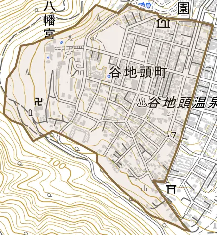 谷地頭町とその周辺の地図。町の範囲を重ねている