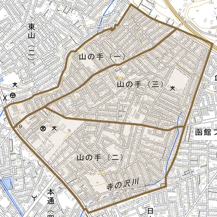 山の手とその周辺の地図。町の範囲を重ねている