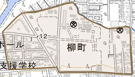 柳町とその周辺の地図。町の範囲を重ねている