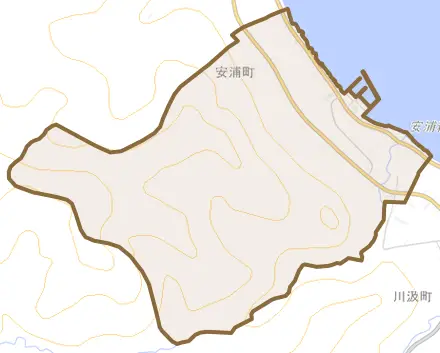 安浦町とその周辺の地図。町の範囲を重ねている