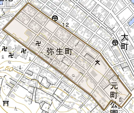 弥生町とその周辺の地図。町の範囲を重ねている