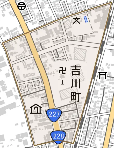 吉川町とその周辺の地図。町の範囲を重ねている