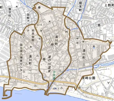湯川町とその周辺の地図。町の範囲を重ねている