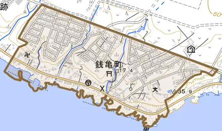 銭亀町とその周辺の地図。町の範囲を重ねている