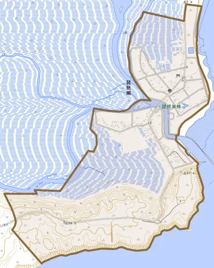 琵琶瀬とその周辺の地図。町の範囲を重ねている