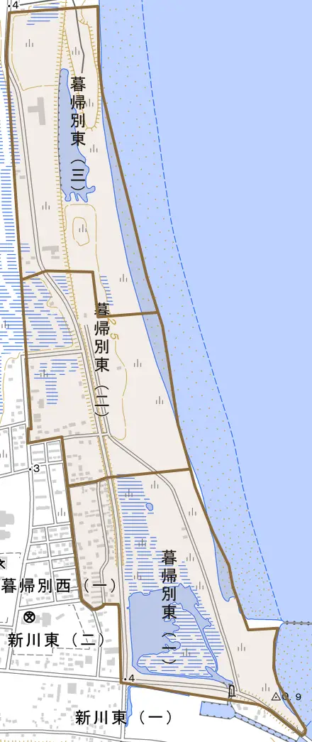 暮帰別東とその周辺の地図。町の範囲を重ねている