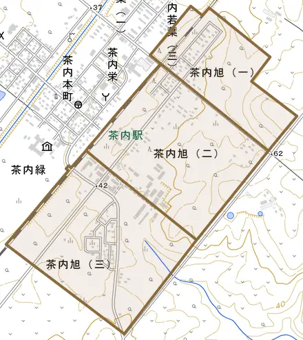 茶内旭とその周辺の地図。町の範囲を重ねている