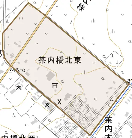 茶内橋北東とその周辺の地図。町の範囲を重ねている