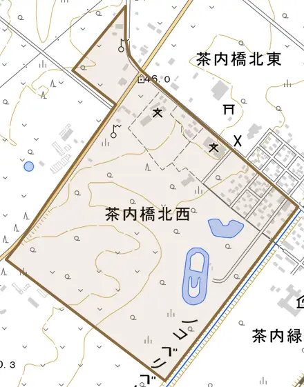 茶内橋北西とその周辺の地図。町の範囲を重ねている