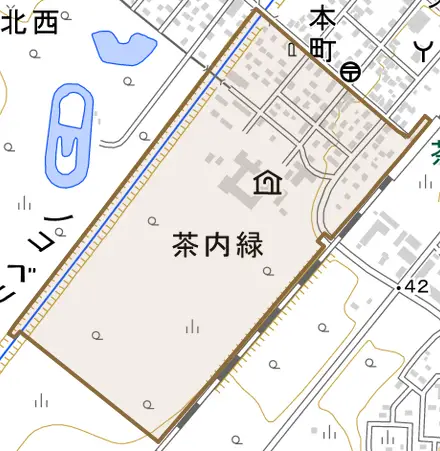 茶内緑とその周辺の地図。町の範囲を重ねている