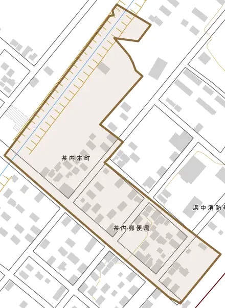 茶内本町とその周辺の地図。町の範囲を重ねている