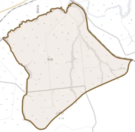 厚陽とその周辺の地図。町の範囲を重ねている