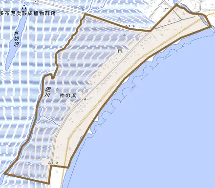 仲の浜とその周辺の地図。町の範囲を重ねている