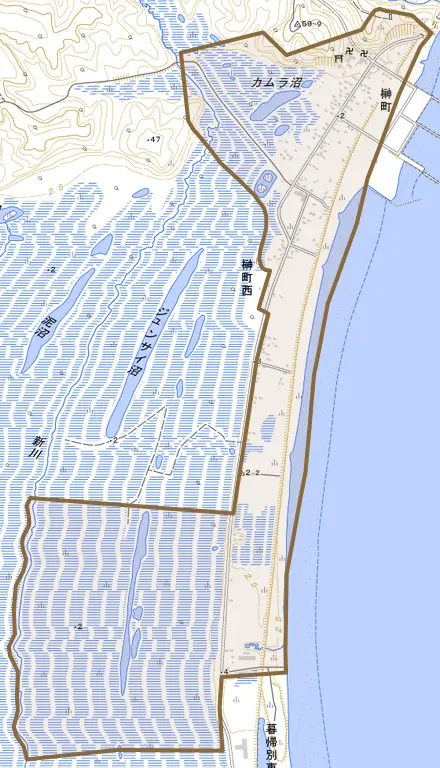 榊町とその周辺の地図。町の範囲を重ねている