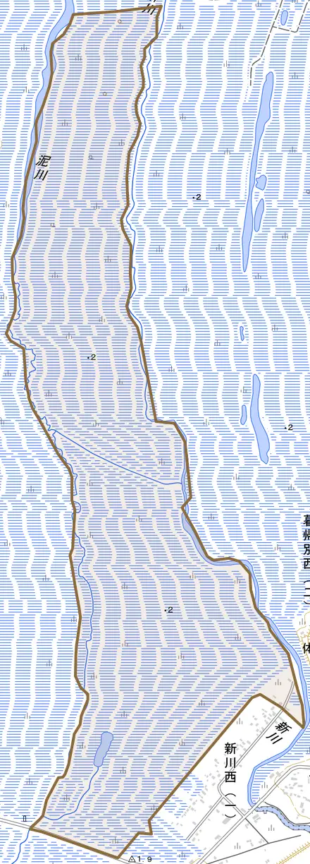新川とその周辺の地図。町の範囲を重ねている