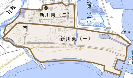 新川東とその周辺の地図。町の範囲を重ねている