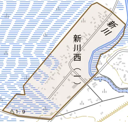 新川西とその周辺の地図。町の範囲を重ねている