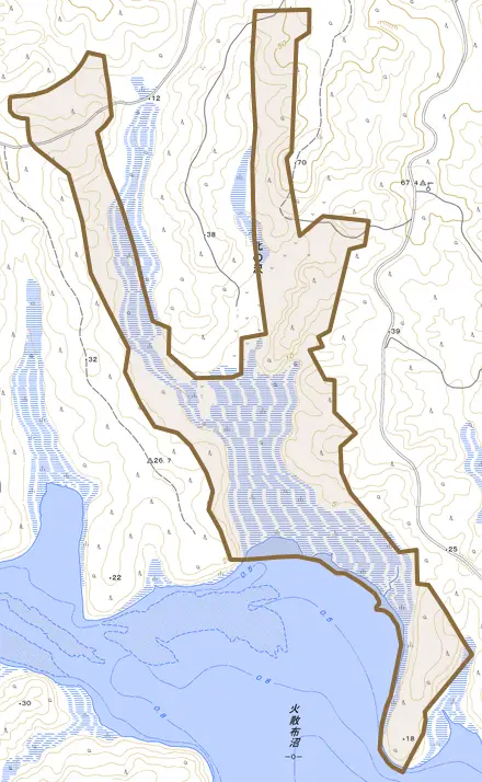 北の沢とその周辺の地図。町の範囲を重ねている
