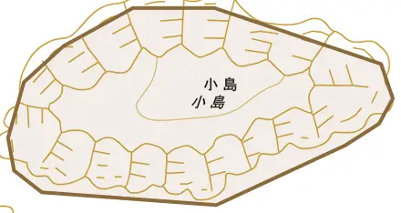 小島とその周辺の地図。町の範囲を重ねている
